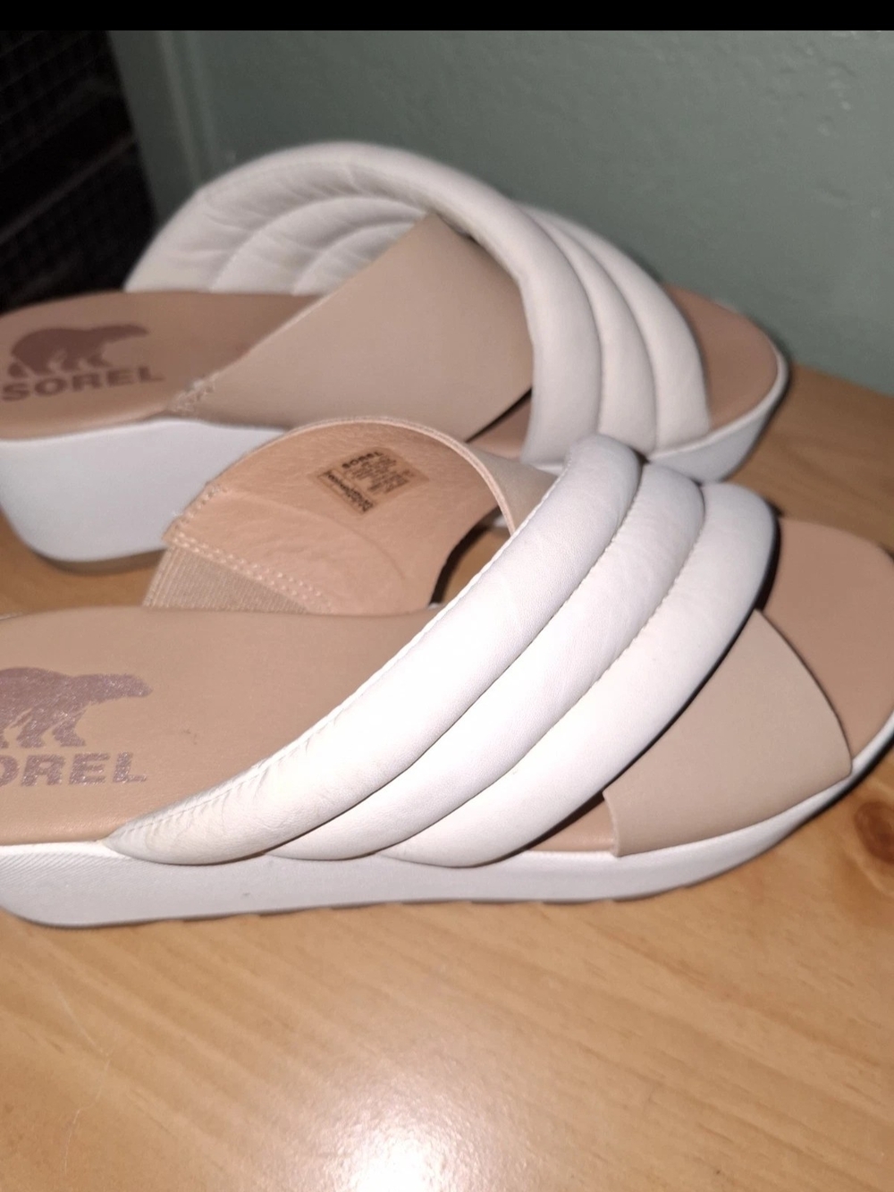 Sorel White and Tan Padded Slide Mules for Women